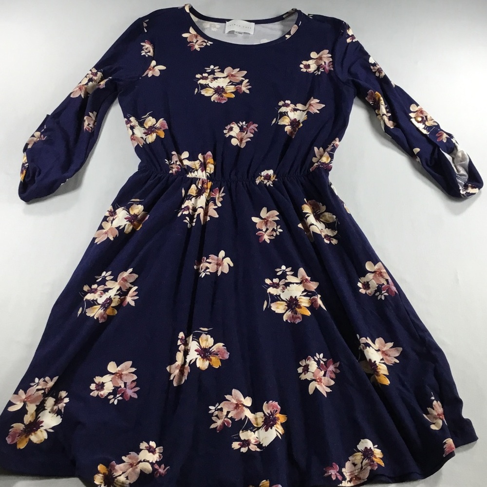French Grey Career Floral Navy Full Skirt Elastic-Waist Casual Comfy Dress SizeS